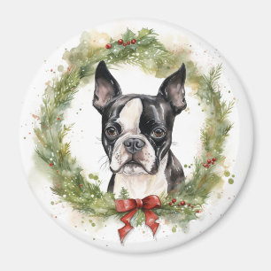 Boston Terrier Christmas Wreath Festive Pup Magnet