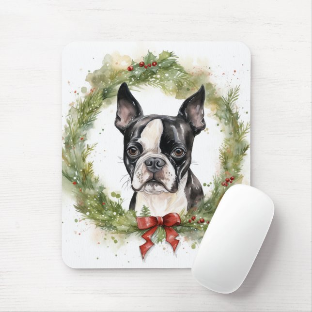 Boston Terrier Christmas Wreath Festive Pup  Mouse Pad (With Mouse)