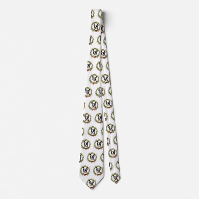 Boston Terrier Christmas Wreath Festive Pup  Neck Tie (Front)