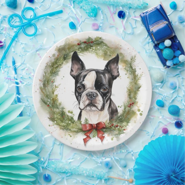 Boston Terrier Christmas Wreath Festive Pup  Paper Plates (Party)