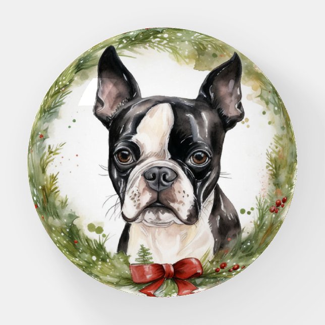 Boston Terrier Christmas Wreath Festive Pup  Paperweight (Front)