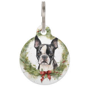 Boston Terrier Christmas Wreath Festive Pup  Pet ID Tag