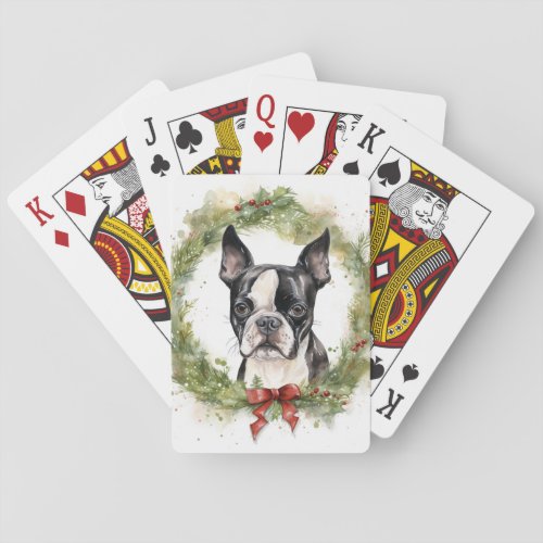Boston Terrier Christmas Wreath Festive Pup  Playing Cards