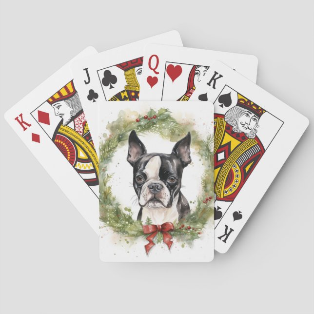 Boston Terrier Christmas Wreath Festive Pup  Poker Cards (Back)