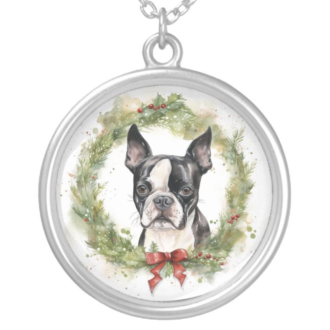 Boston Terrier Christmas Wreath Festive Pup  Silver Plated Necklace (Front)