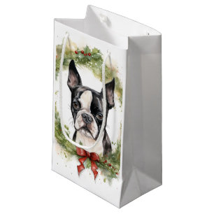 Boston Terrier Christmas Wreath Festive Pup Small Gift Bag