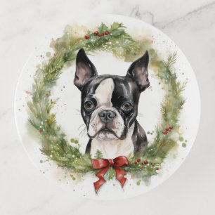 Boston Terrier Christmas Wreath Festive Pup Trinket Tray