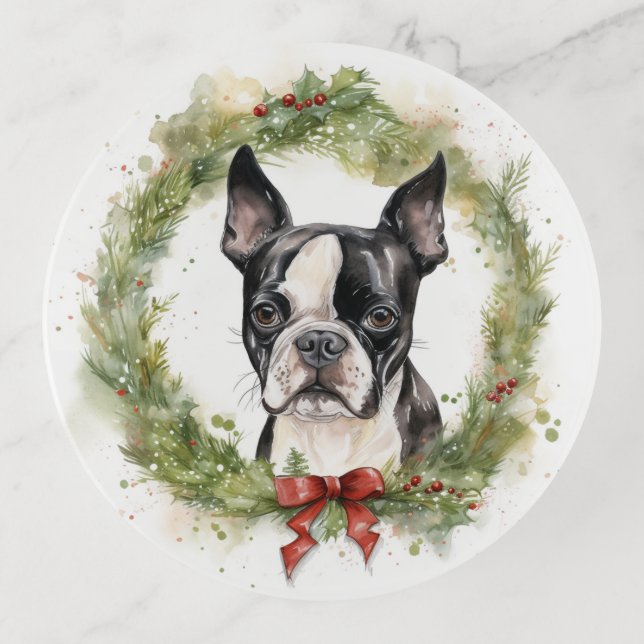 Boston Terrier Christmas Wreath Festive Pup  Trinket Tray (Front)