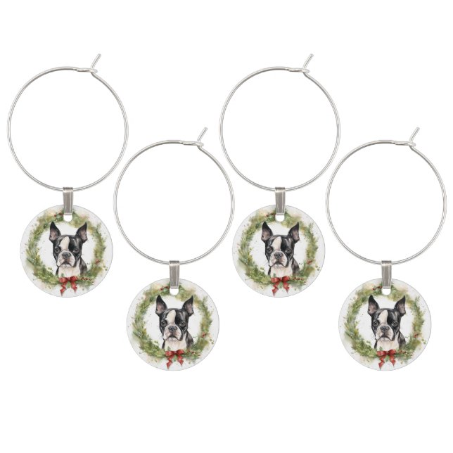 Boston Terrier Christmas Wreath Festive Pup  Wine Charm (Staggered)