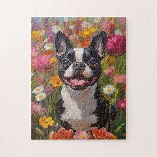 Boston Terrier Colorful Wildflower Field Jigsaw Puzzle