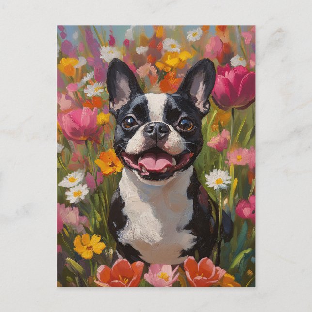 Boston Terrier Colorful Wildflower Field Postcard (Front)