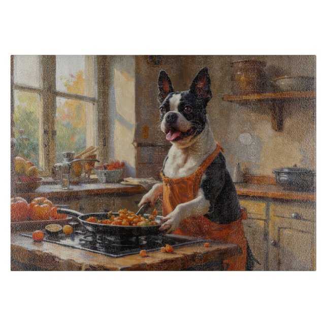 Boston Terrier Cooking in Kitchen Cutting Board (Front)