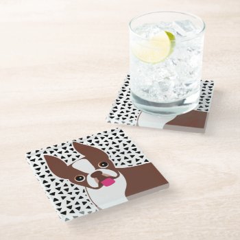 Boston Terrier Cute Brown And White Glass Coaster by DoodleDeDoo at Zazzle