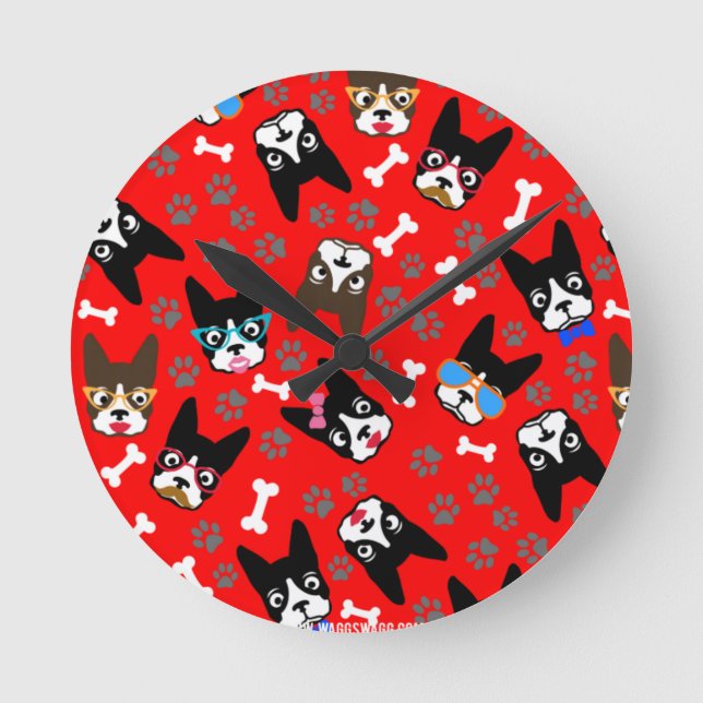 Boston Terrier Cute Mustache Funny Faces Round Clock (Front)