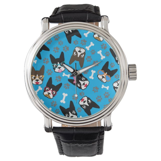 Boston Terrier Cute Mustache Funny Faces Watch (Front)