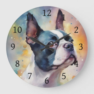 Boston Terrier Digital Watercolor Portrait Dog 173 Large Clock