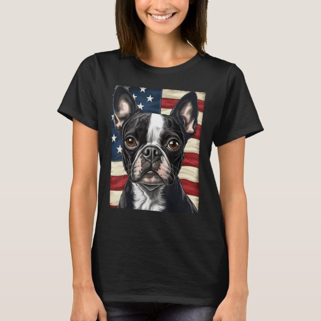 Boston Terrier Dog American Flag 4th of July Patri T-Shirt (Front)