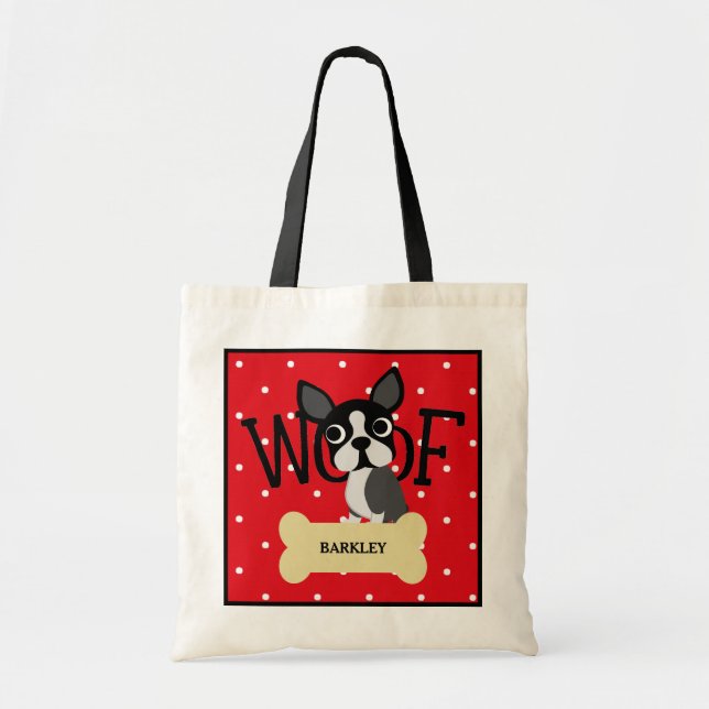 Boston Terrier Dog and Gold Bone and Red Polka Dot Tote Bag (Front)