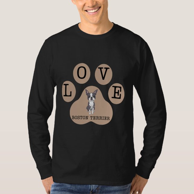 Boston Terrier Dog And Love Sign On Latte Brown Co T-Shirt (Front)