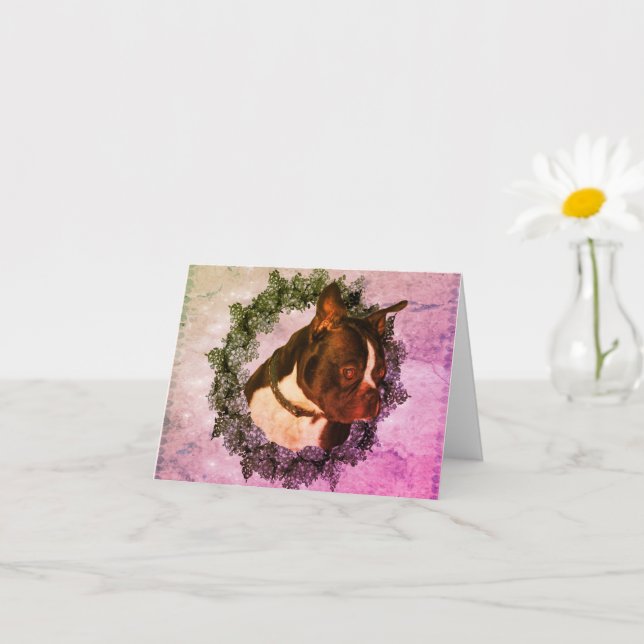 Boston Terrier Dog Art Customizable Note Card (Small Plant)