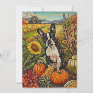 Boston Terrier Dog Autumn Harvest Thanksgiving Holiday Card
