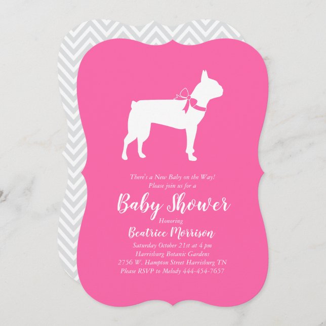 Boston Terrier Dog Baby Shower Pink Girl Invitation (Front/Back)