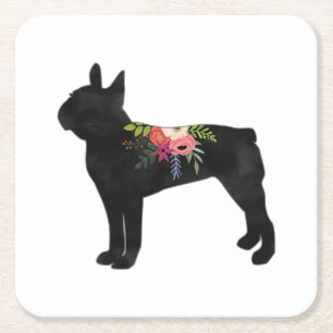 Boston Terrier Dog Breed Boho Floral Silhouette Square Paper Coaster