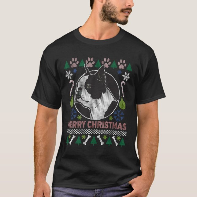 Boston Terrier Dog Breed Ugly Christmas Sweater (Front)