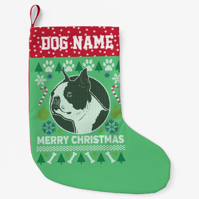 Boston Terrier Dog Breed Ugly Christmas Sweater Small Christmas Stocking (Front)