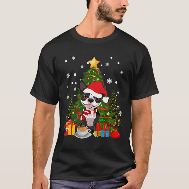 Boston Terrier Dog Christmas Is Coffee Light Tree  T-Shirt (Front)