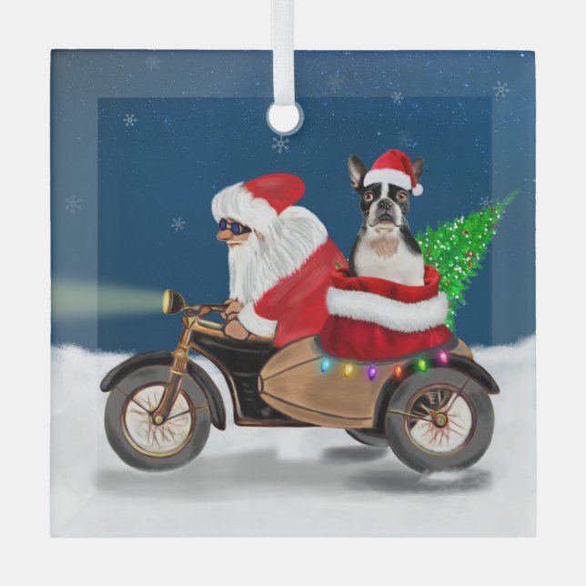 Boston Terrier Dog Christmas Santa Claus   Glass Ornament (Front)