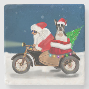 Boston Terrier Dog Christmas Santa Claus   Stone Coaster