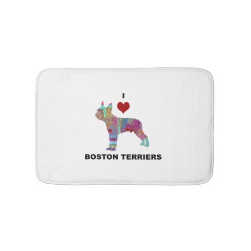 BOSTON TERRIER DOG COLLAGE DOODLE I LOVE BATH MAT