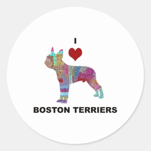BOSTON TERRIER DOG COLLAGE DOODLE I LOVE CLASSIC ROUND STICKER