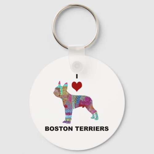 BOSTON TERRIER DOG COLLAGE DOODLE I LOVE KEYCHAIN