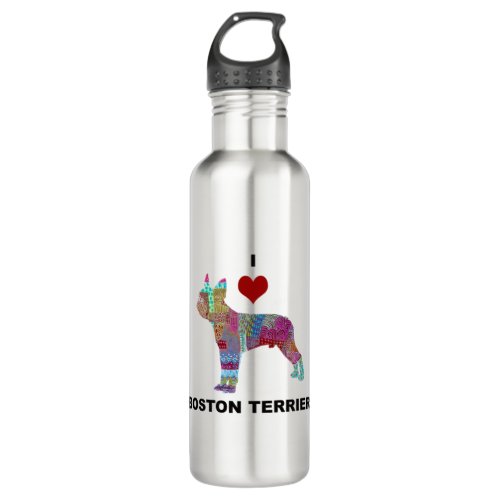 BOSTON TERRIER DOG COLLAGE DOODLE I LOVE STAINLESS STEEL WATER BOTTLE