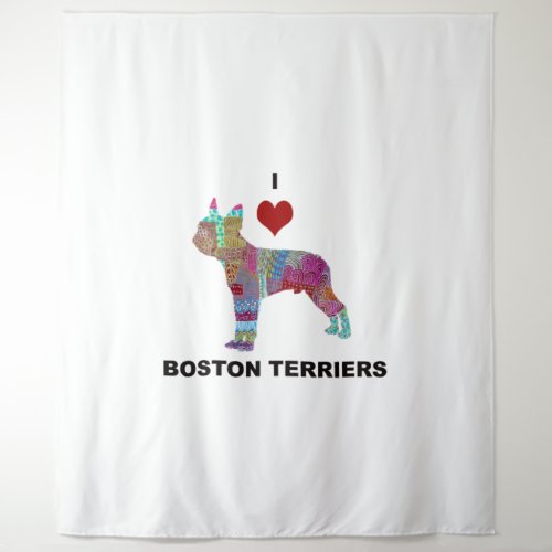 BOSTON TERRIER DOG COLLAGE DOODLE I LOVE TAPESTRY