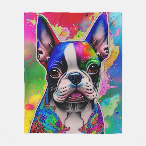 Boston Terrier Dog Colorful Paint Splash Fleece Blanket