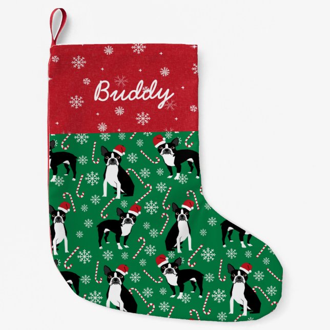 Boston Terrier Dog Custom dog name Small Christmas Stocking (Front)