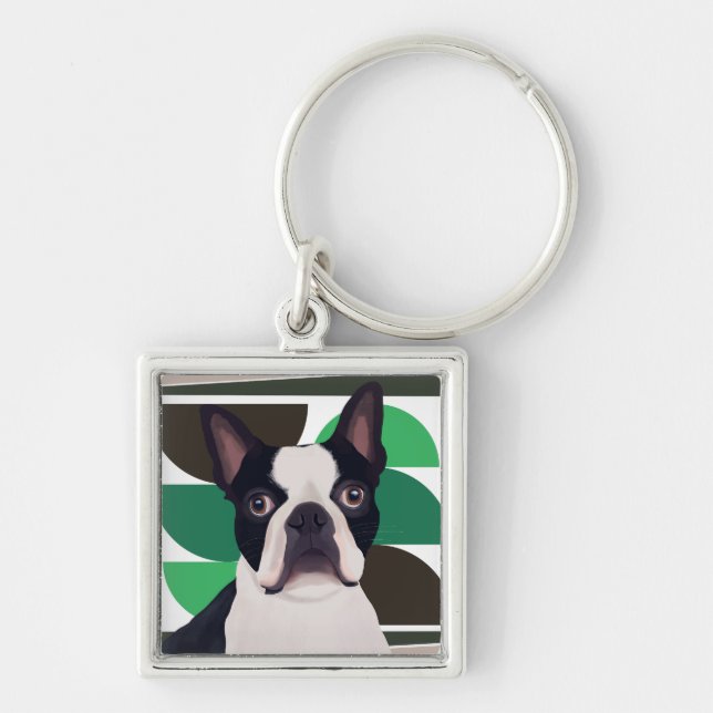 Boston Terrier Dog – Dark Green Geometric Keychain (Front)