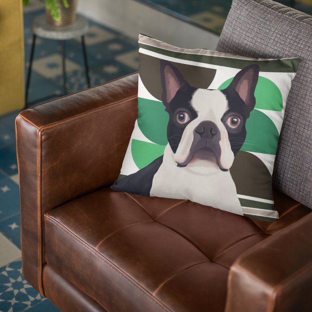 Boston Terrier Dog – Dark Green Geometric Throw Pillow (Creator Uploaded)