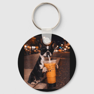 Boston terrier dog drinking iced coffee lover keychain