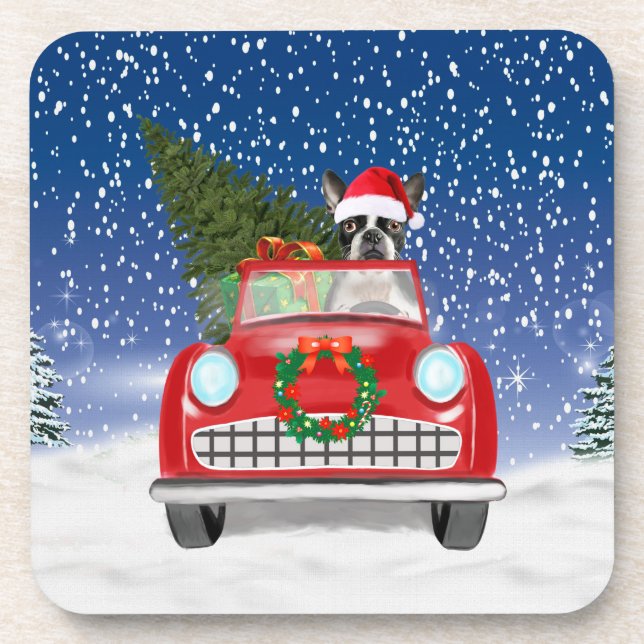 Boston terrier Dog Driving Car In Snow Christmas  Beverage Coaster (Front)