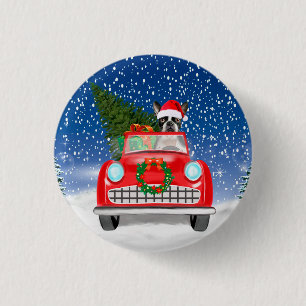 Boston terrier Dog Driving Car In Snow Christmas Button
