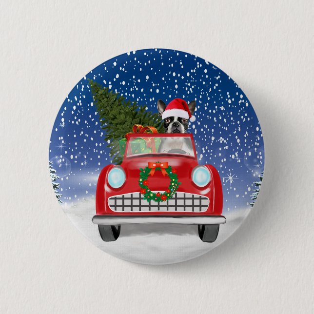 Boston terrier Dog Driving Car In Snow Christmas Button (Front)