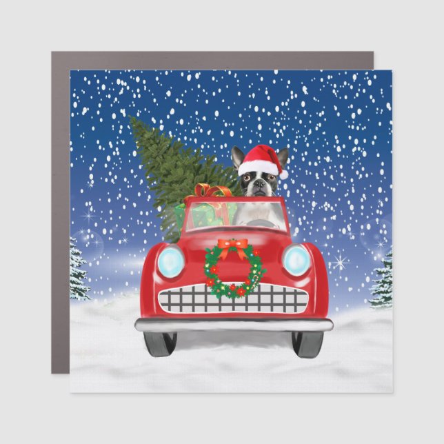 Boston terrier Dog Driving Car In Snow Christmas  Car Magnet (Front)