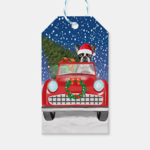 Boston terrier Dog Driving Car In Snow Christmas Gift Tags
