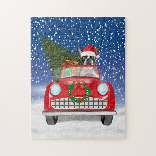 Boston terrier Dog Driving Car In Snow Christmas  Jigsaw Puzzle