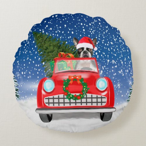 Boston terrier Dog Driving Car In Snow Christmas  Round Pillow