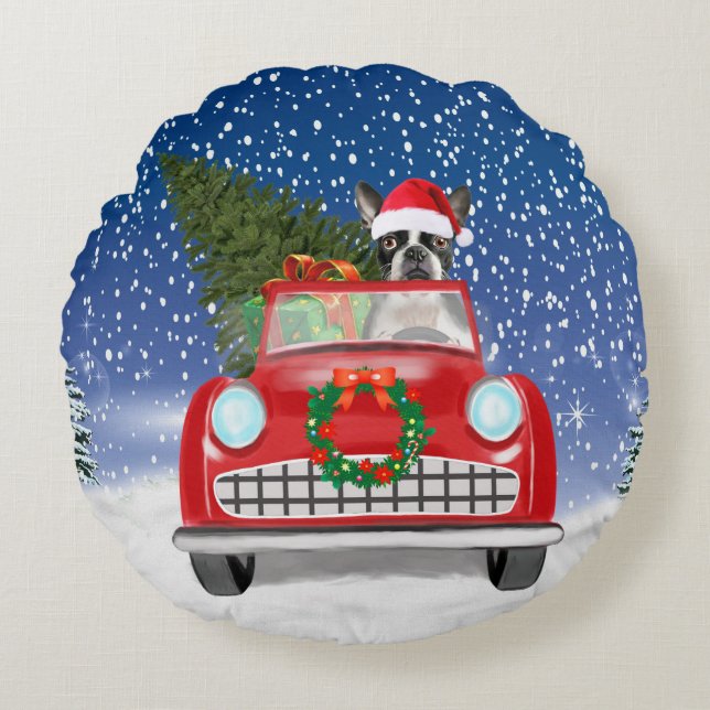 Boston terrier Dog Driving Car In Snow Christmas  Round Pillow (Front)